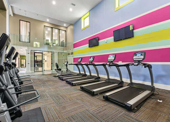 A gym with treadmills and exercise equipment.