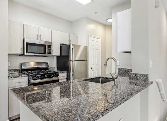 A kitchen with granite countertops and stainless steel appliances at Elme Dulles, Herndon, VA