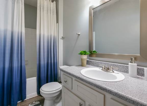 A bathroom with a white toilet, a sink, and a shower with a blue and white curtain.