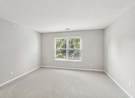 A room with a window and carpeted floor.