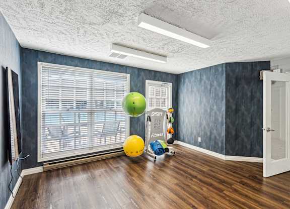 A room with a green ball hanging from the ceiling and a yellow ball on the floor at Elme Manassas, Manassas, 20109
