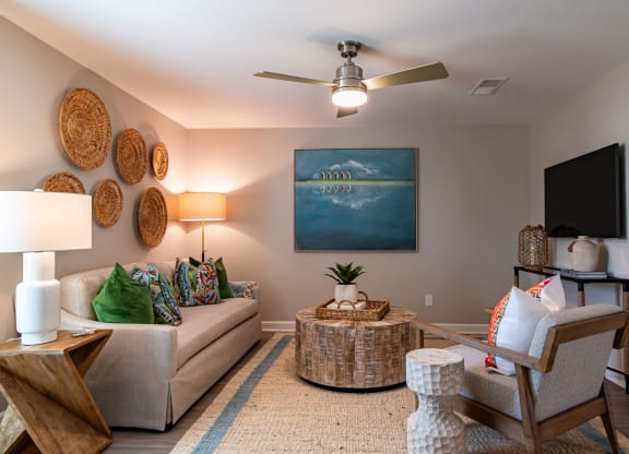 Living room side view at Elme Sandy Springs Apartments, Atlanta, GA