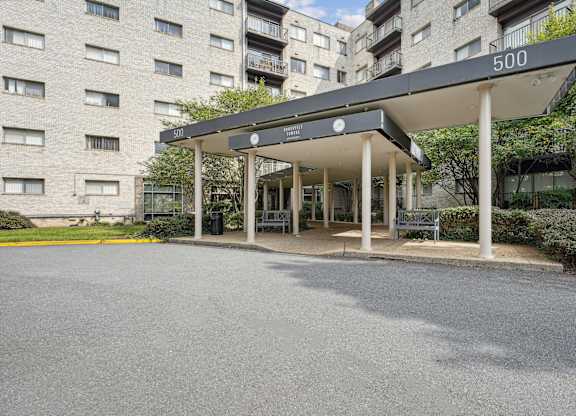 The entrance to an apartment building  at Roosevelt Towers, Falls Church, VA