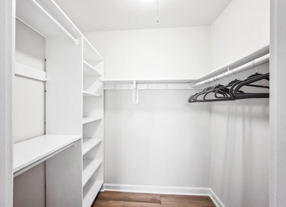 a walk in closet with white walls and shelves at Roosevelt Towers Apartments, Falls Church, Virginia