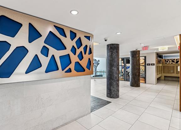 A wall with a blue and brown design on it.