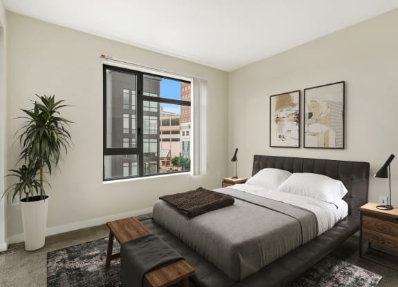 Bedroom in neutral tones at The Maxwell Apartments, Arlington, 22203