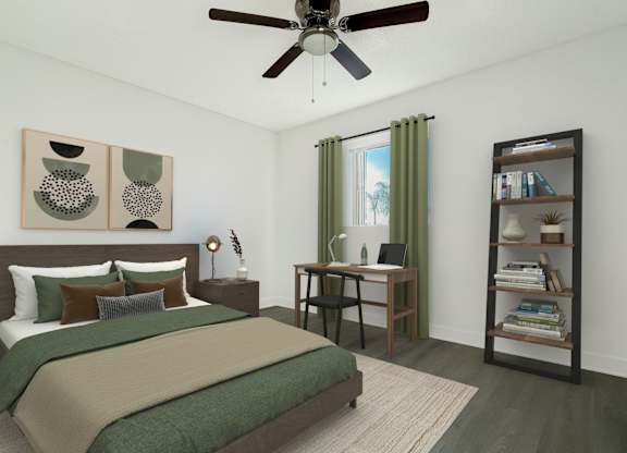 A bedroom with a bed, desk, chair, and bookshelf.