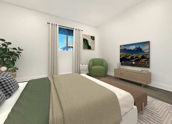 A bedroom with a bed, a chair, and a television displaying a landscape scene.