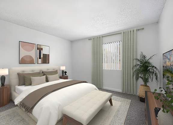 Primary bedroom in 1005 Via Zapata 2 Bedroom apartment home with plush carpeted flooring, large windows, private bathroom and spacious closet.