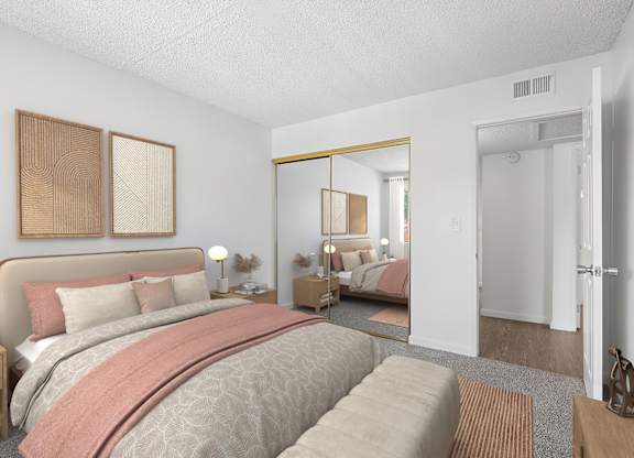 Second bedroom in 1005 Via Zapata apartment home with plush carpeted flooring and a large window allowing for gorgeous natural lighting.