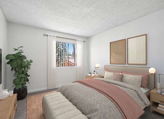 Second bedroom in 1005 Via Zapata apartment home with plush carpeted flooring and a large window allowing for gorgeous natural lighting.