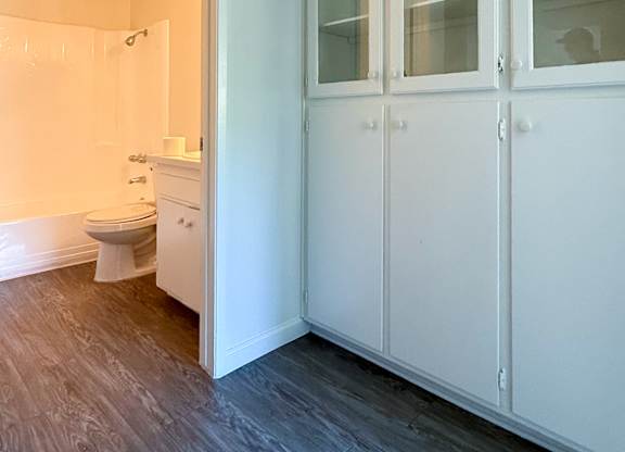 Cabinet unit in the hallway of 1005 Via Zapata apartment home with floor to ceiling cabinets. Bottom row has sold door and top row has shelving units and glass door for display
