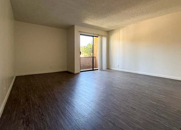 Spacious living room in 1005 Via Zapata apartment home with wood-style plank flooring and sliding doors leading to private patio