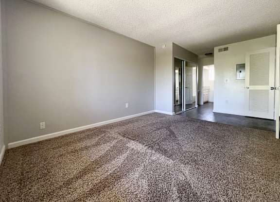 Additional angle of Oversized bedroom in 955 Via Zapata apartment home. Entryway inside the bedroom has wood-style plank flooring, a large closet with mirrors and a hallway on the right leading to a private vanity area and private bathroom.  Left side of room has plush carpeted flooring and large windows allowing for gorgeous natural lighting.