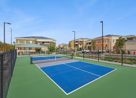 Pickle Ball court at The Park next to a park-like seating area, and a shade structure with barbecue grilling stations.