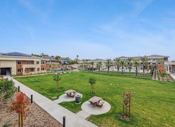 Oversized grass area at The Park with picnic seating and views of the pool yard. Serene park-like landscaping.