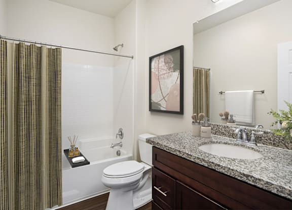 Second Bathroom in Turtle Creek apartment home with wood-style plank flooring, dark wood cabinetry, and large vanity mirror