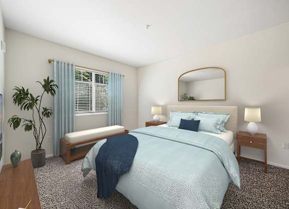 A bedroom with a bed, nightstands, and a plant.