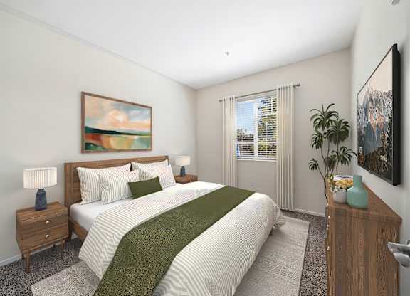 A bedroom with a large bed and a painting on the wall.
