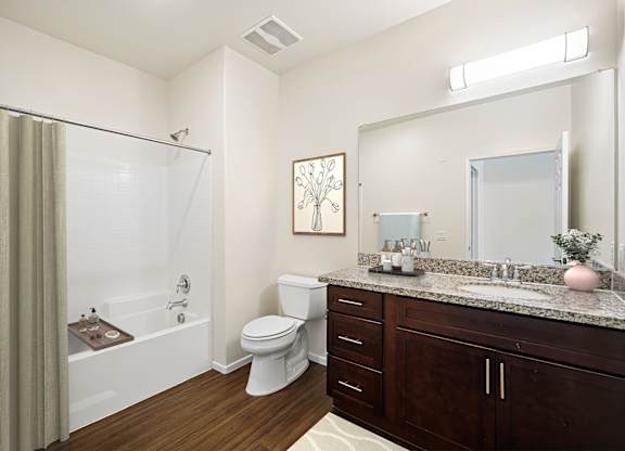 luxurious bathroom in Turtle Creek apartment home with wood-style plank flooring, modern dark wood cabinetry, modern fixtures, large vanity mirror and a shower/tub