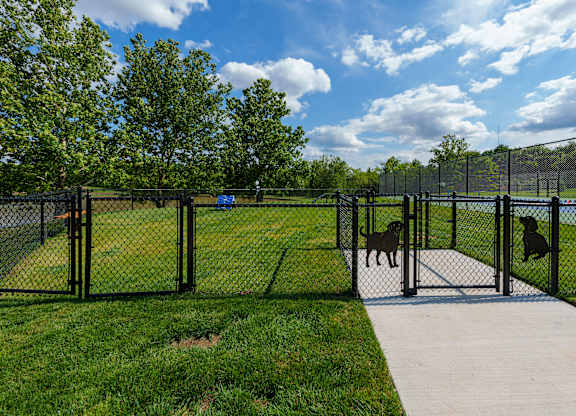 A dog park with a fence and a dog jumping over it.