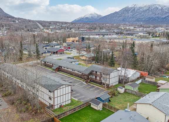 A parking lot with a mountain in the background.