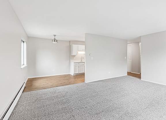 Living room with a grey carpet and white walls and kitchen on the far end