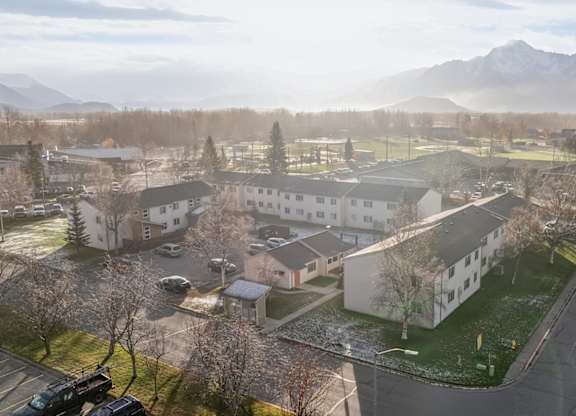 A view of a residential area with houses and a mountain in the background.