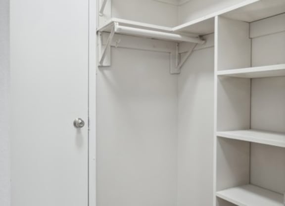 A white closet with shelves and a door.