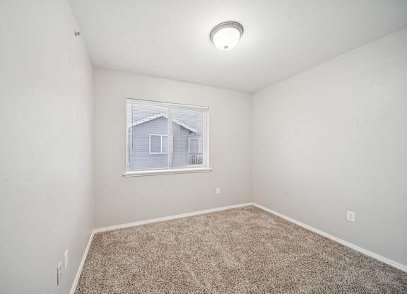 A room with a carpeted floor and a window.