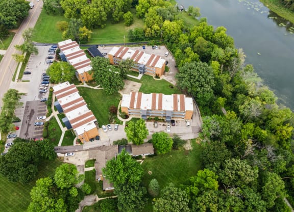 Aerial view of lake at River Oaks, North Aurora, IL