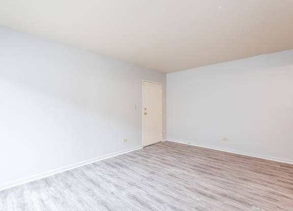 A room with a wooden floor and a white door.