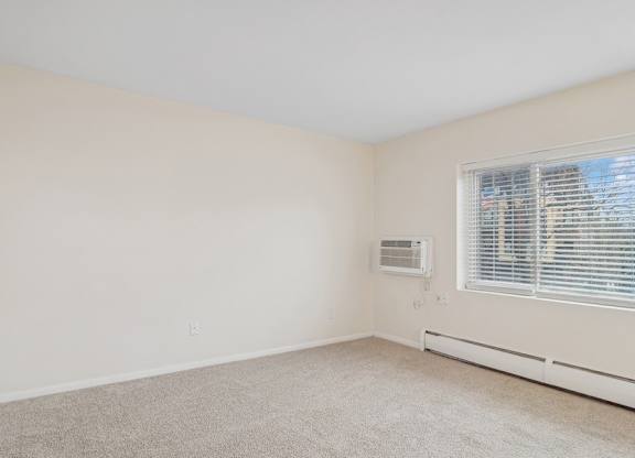 A room with a window and a carpeted floor.