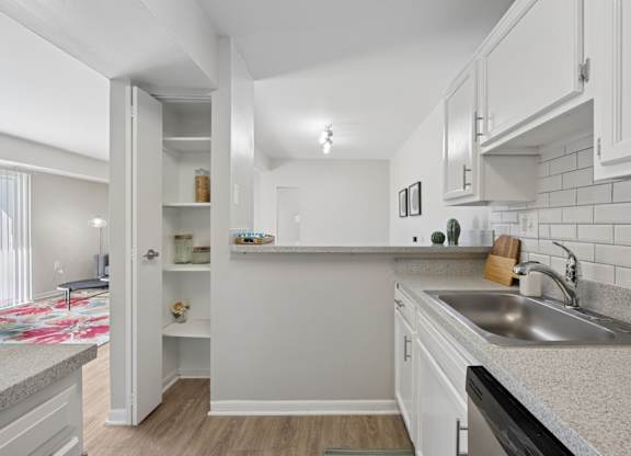A kitchen with white cabinets and a countertop.