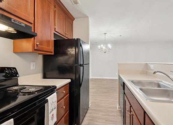 A kitchen with black appliances and wooden cabinets.