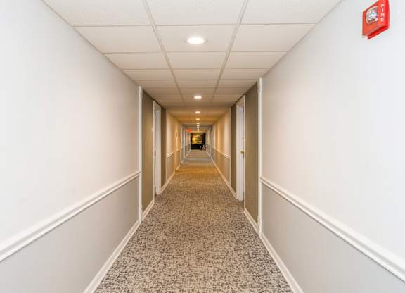 A long hallway with a carpeted floor and white walls.