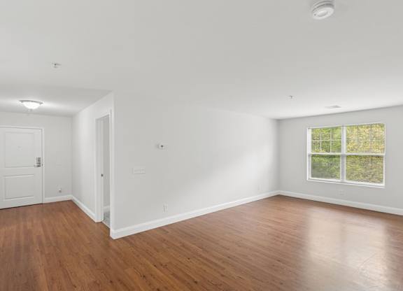 A room with wooden floors and a window showing greenery outside.