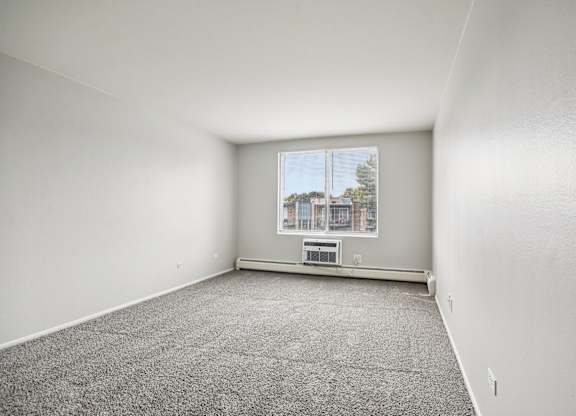 A room with a carpeted floor and a window showing a view of a building outside.