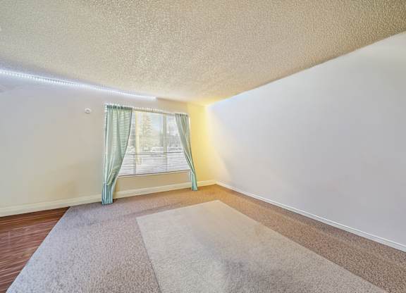 A room with a carpet and a window with curtains.