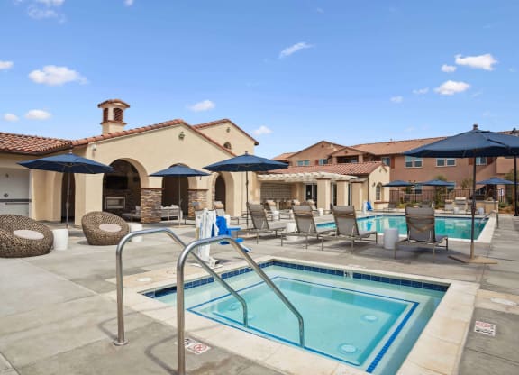 take a dip in our resort style swimming pool at Arrive at Rancho Belago, Moreno Valley, California