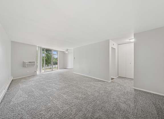 A spacious room with a grey carpet and white walls.