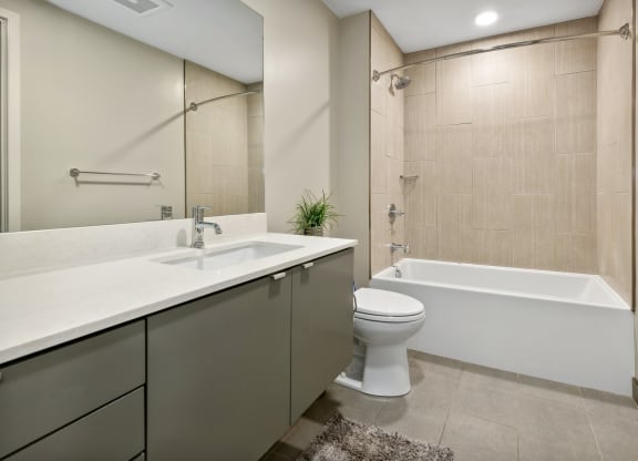the preserve at ballantyne commons apartment bathroom with tub sink and toilet at The Rowe, Michigan