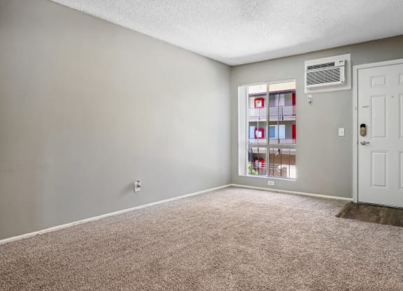 an empty room with carpet and a white door