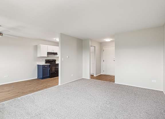A spacious room with a grey carpet and kitchen in the background