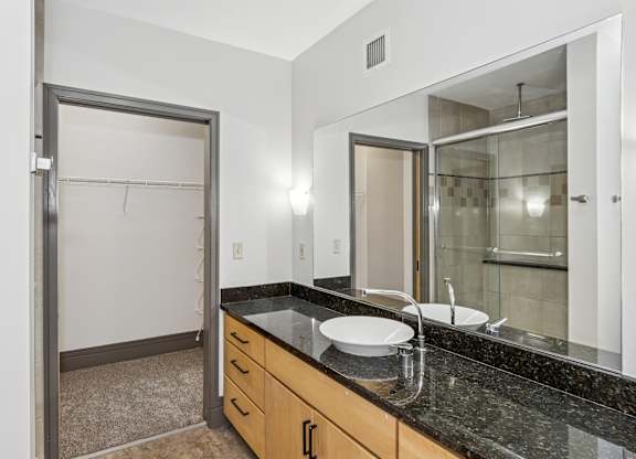 A bathroom with a sink, mirror, and a shower.