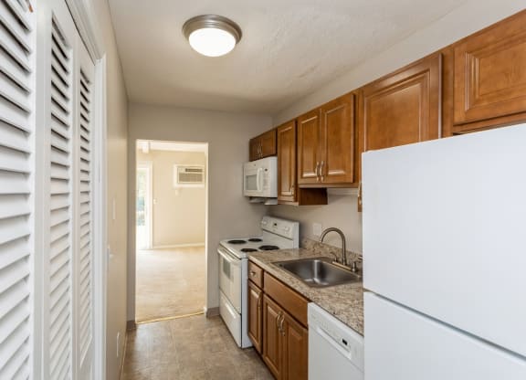 Kitchen with stove, refrigerator, microwave, and dishwasher.