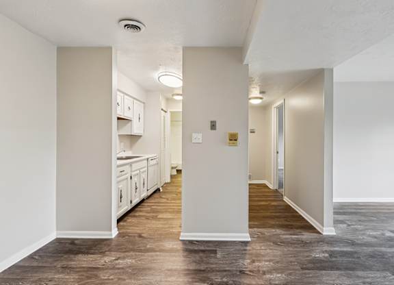 A long, narrow hallway with a kitchen area visible through the doorway.