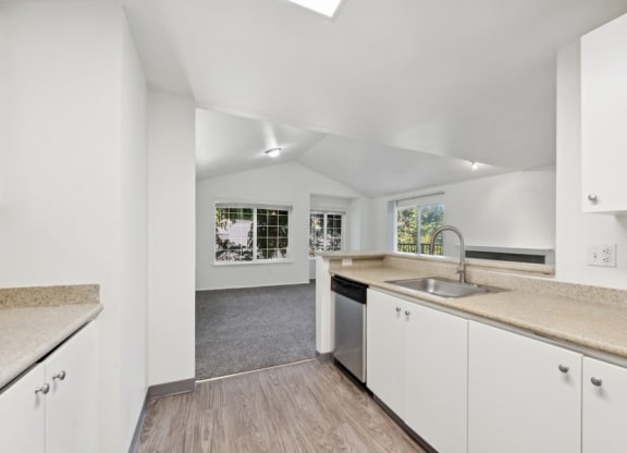a kitchen with white cabinets and a sink and a window