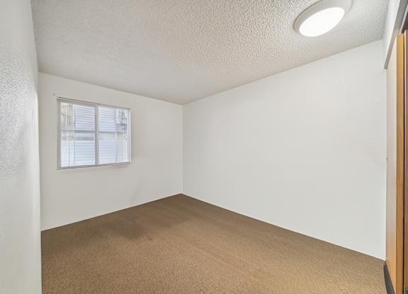 A room with a window and carpeted floor.