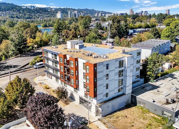 Aerial view of contemporary mixed use building at Brooklyn Yard Apartments, Oregon
